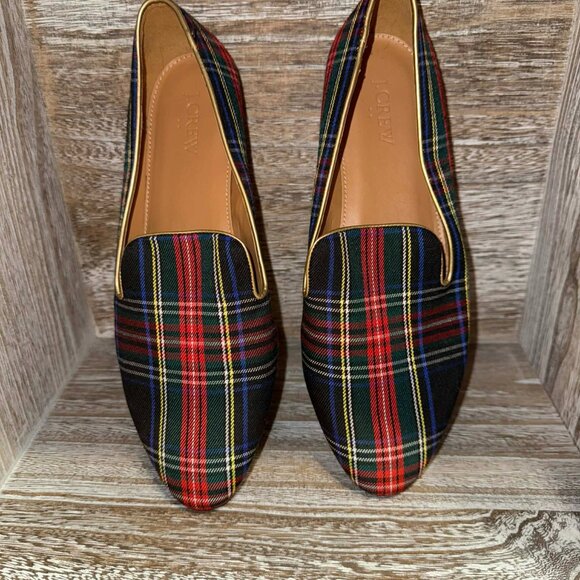J. Crew Stewart Tartan Plaid Holiday Smoking Slippers Slip On Flat Loafers - Picture 2 of 5